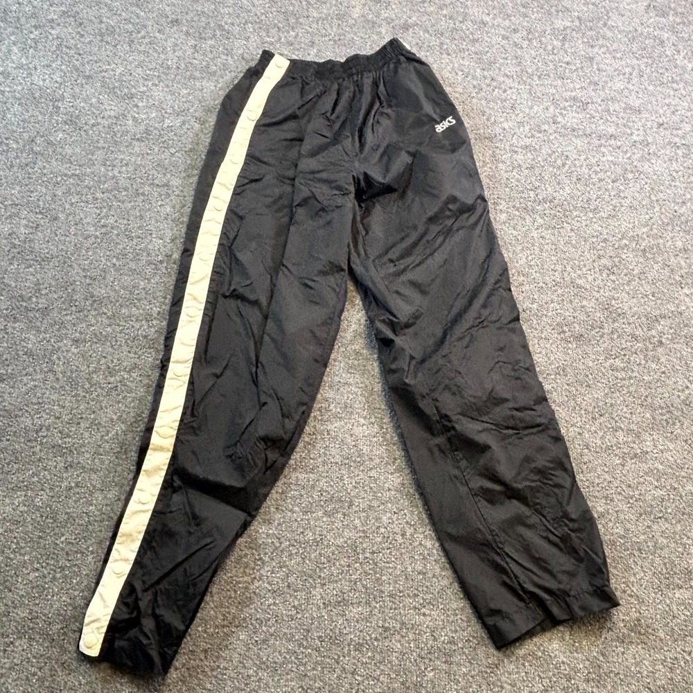 Asics Windbreaker Track Pants Men's Small Black Lined Elastic Waist Snap Side